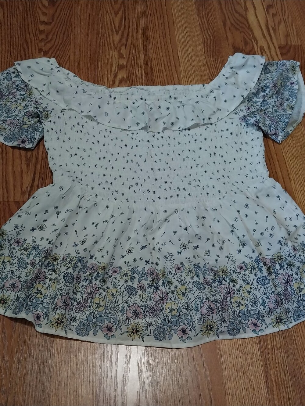 Maurices Floral Off-Shoulder Top Women Size XL Smocked Peplum Blouse White Black - Picture 6 of 13